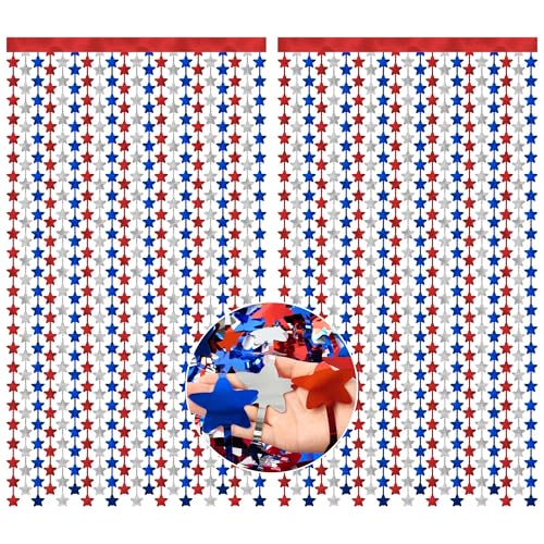 Patriotic Decorations Backdrop,2 Pack Red White and Blue Party Photo Backdrop Patriotic Tinsel Foil Fringe Curtains,Red White and Blue Streamers Tinsel Backdrop Decor,Veterans Day Decorations