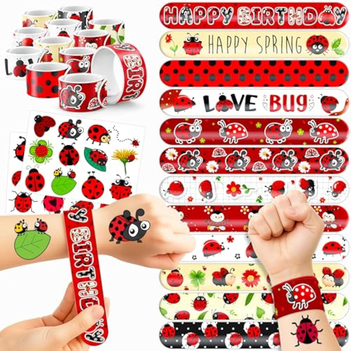48 Pcs Ladybug Party Set: 24 Pcs Temporary Tattoos & 24 Pcs Slap Bracelets -Themed Gifts For Kids, Girls, Boys – Perfect For Birthday Parties, Baby Showers, Classroom Rewards, Party Decorations