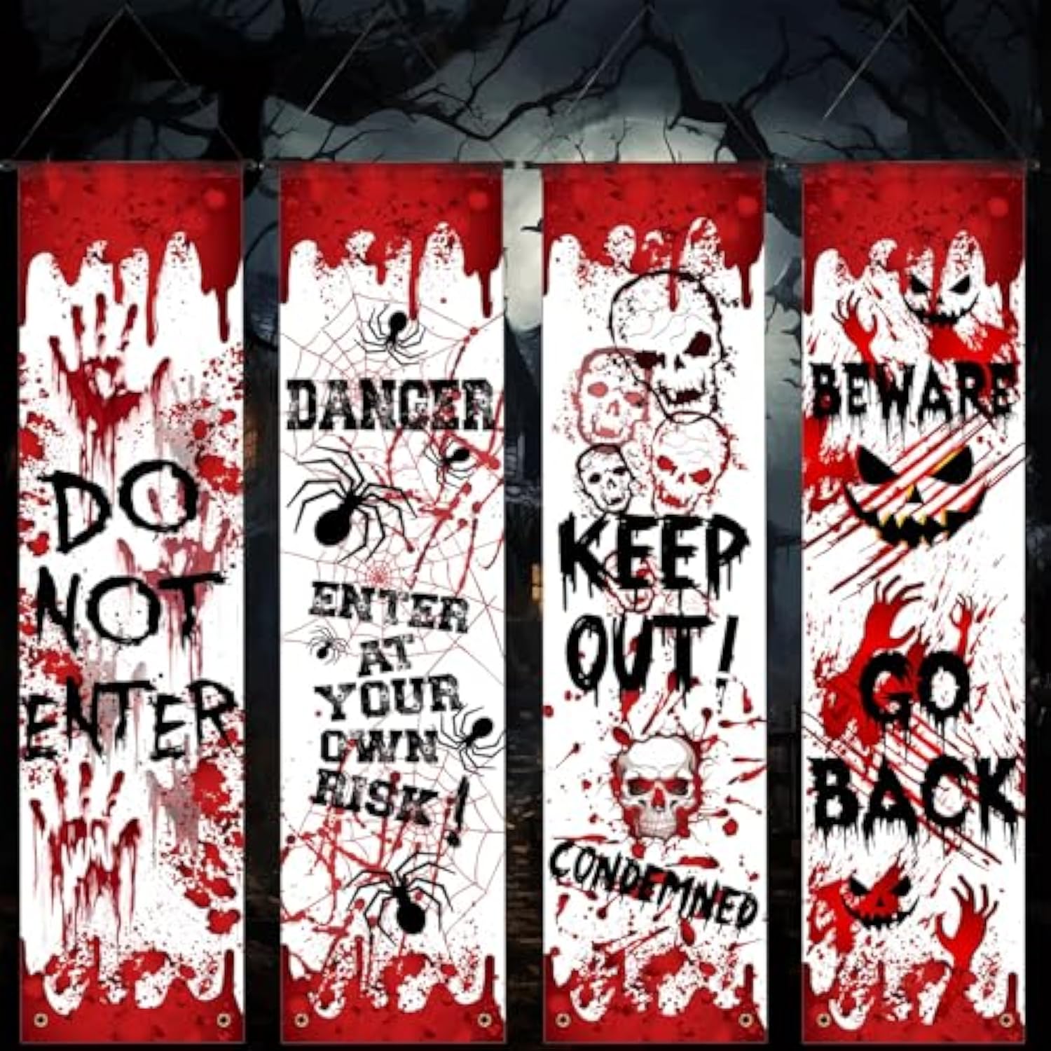 4 Pcs Halloween Banners Red Warning Hanging Porch Door Horror Decor for Parties