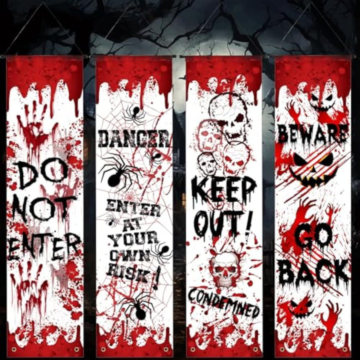 4 Pcs Halloween Banners Red Warning Hanging Porch Door Horror Decor for Parties