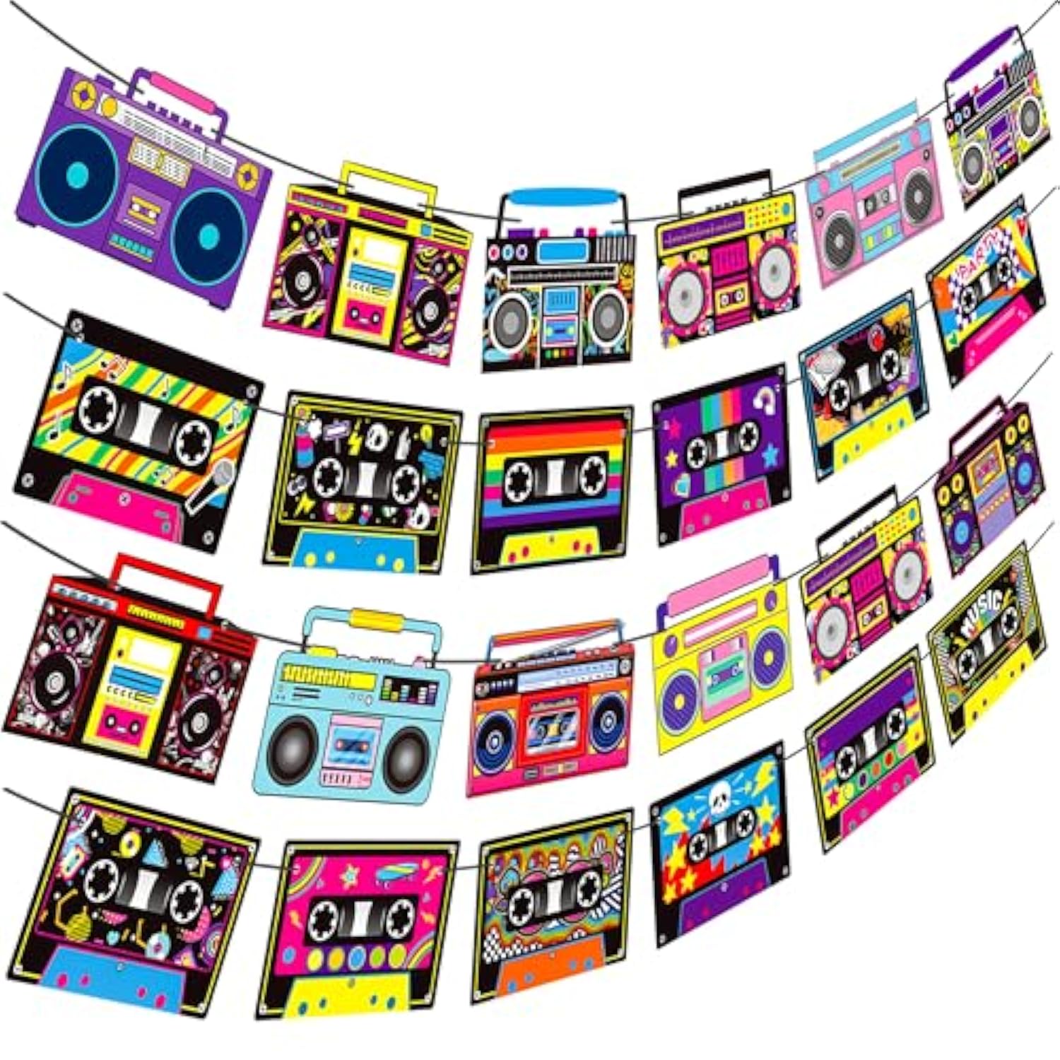 4 Pcs Cassette Tape & Boombox Banners for 80s/90s Music Parties