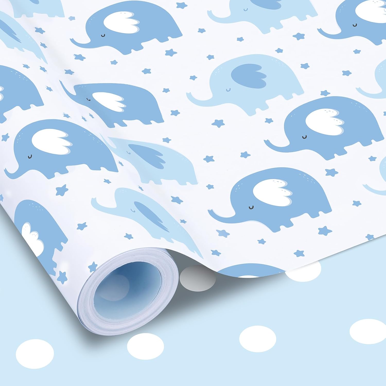 Reversible Baby Shower Wrapping Paper Roll 17 Inch X 33 Feet Blue Elephant Design Gift Wrapping Paper For Baby Shower, New Baby, Boy'S 1St Birthday, Celebration
