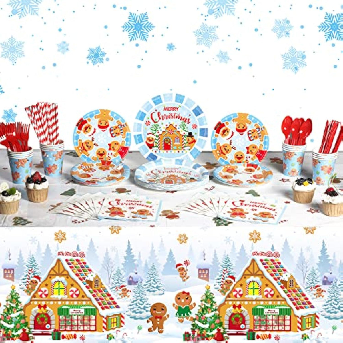 194 Pcs Merry Christmas Party Supplies For 24 Guests Gingerbread Christmas Tableware Set Includes Disposable Paper Plates Napkins Cups Straw Plastic Tablecloth Cover Knife Fork Spoon Xmas Decorations