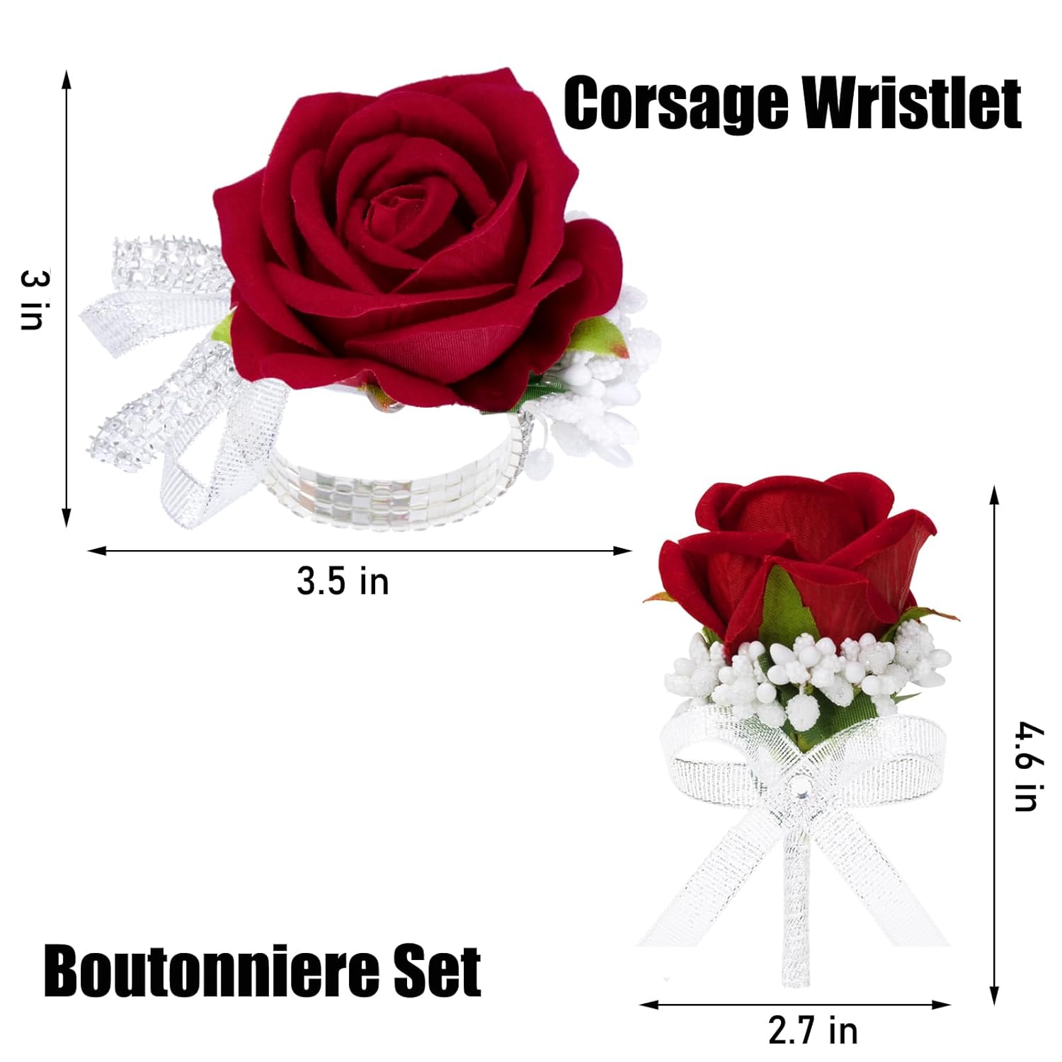 2Pcs Red Artificial Rose Corsage Wristlet Band And Men Boutonniere Set, For Prom Suit Decorations Wedding Party Flower Accessories