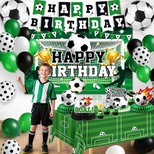 Soccer Birthday Party Decorations, 44Pcs World Soccer Party Decorations Included Happy Birthday Backdrop Tablecloth Cake Toppers Honeycomb Centerpieces for Soccer Party Supplies