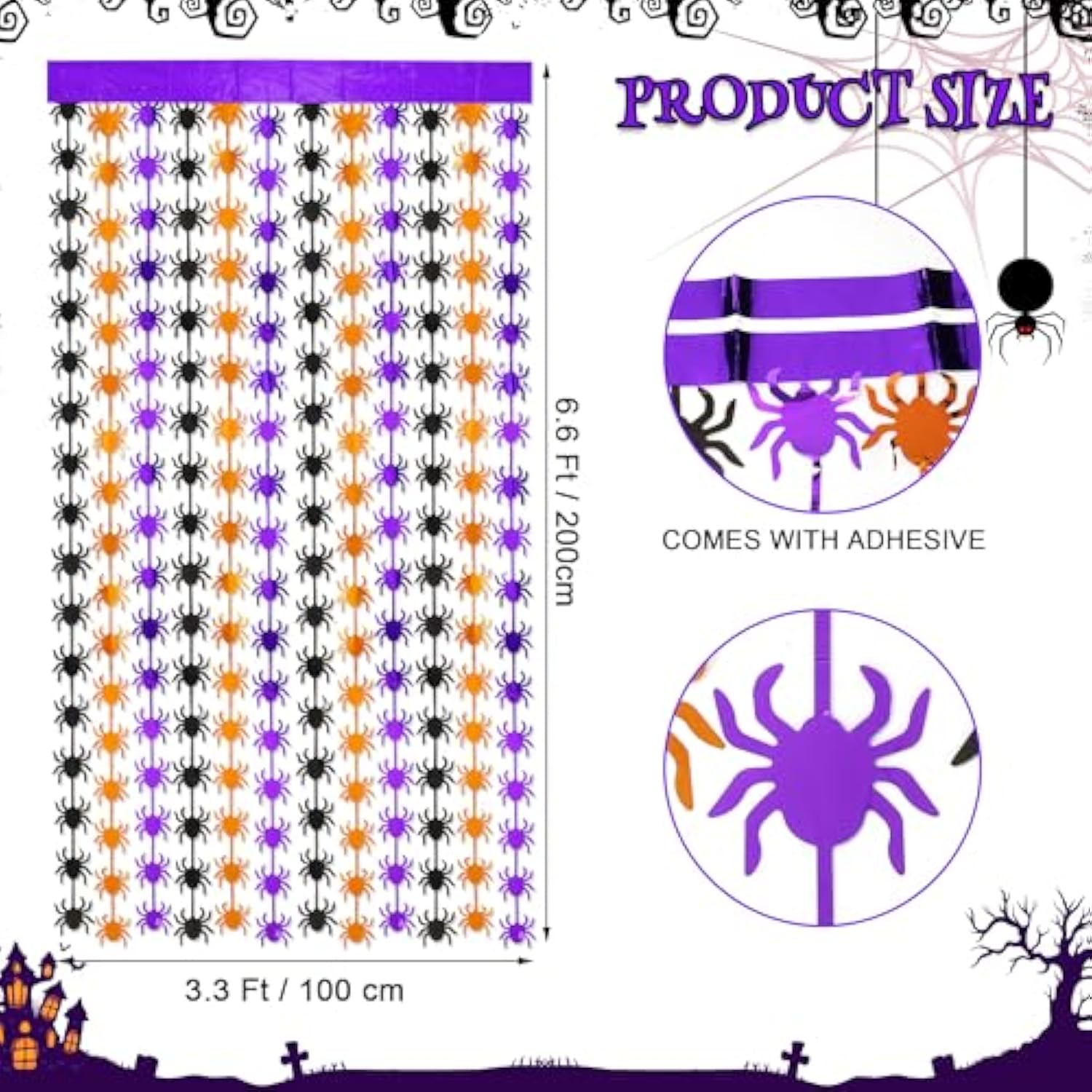 2 Pack Halloween Spider Foil Fringe Curtains 3.3x6.6ft Backdrop Orange Purple Black