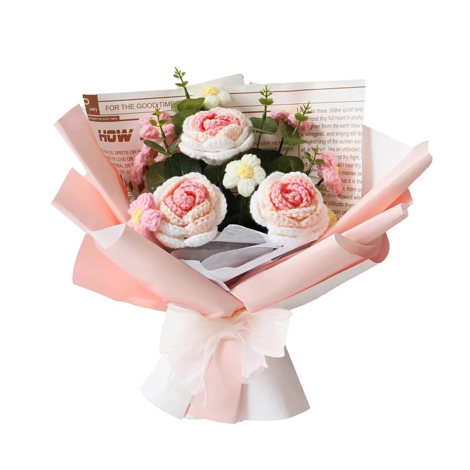 Crochet Handmade Rose Artificial Flowers, Finished Hand Woven Flowers Bouquet, Faux Plants Home Table Wedding Party Office Decor, Great Gifts For Mother'S Day Valentines Day Birthday (Pink)