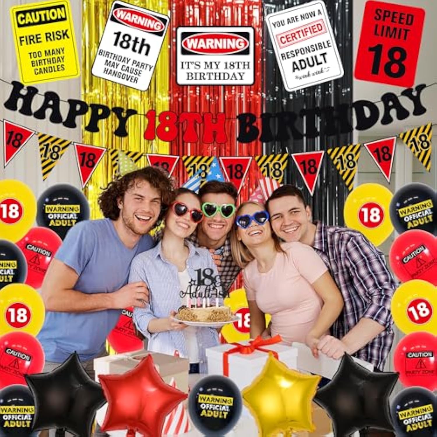 Caution 18Th Birthday Party Decorations Boys And Girls,Black, Red And Yellow Warning Official About 18, Happy 18Th Birthday Banner,Eighteen Cheers To 18 Party Supplies