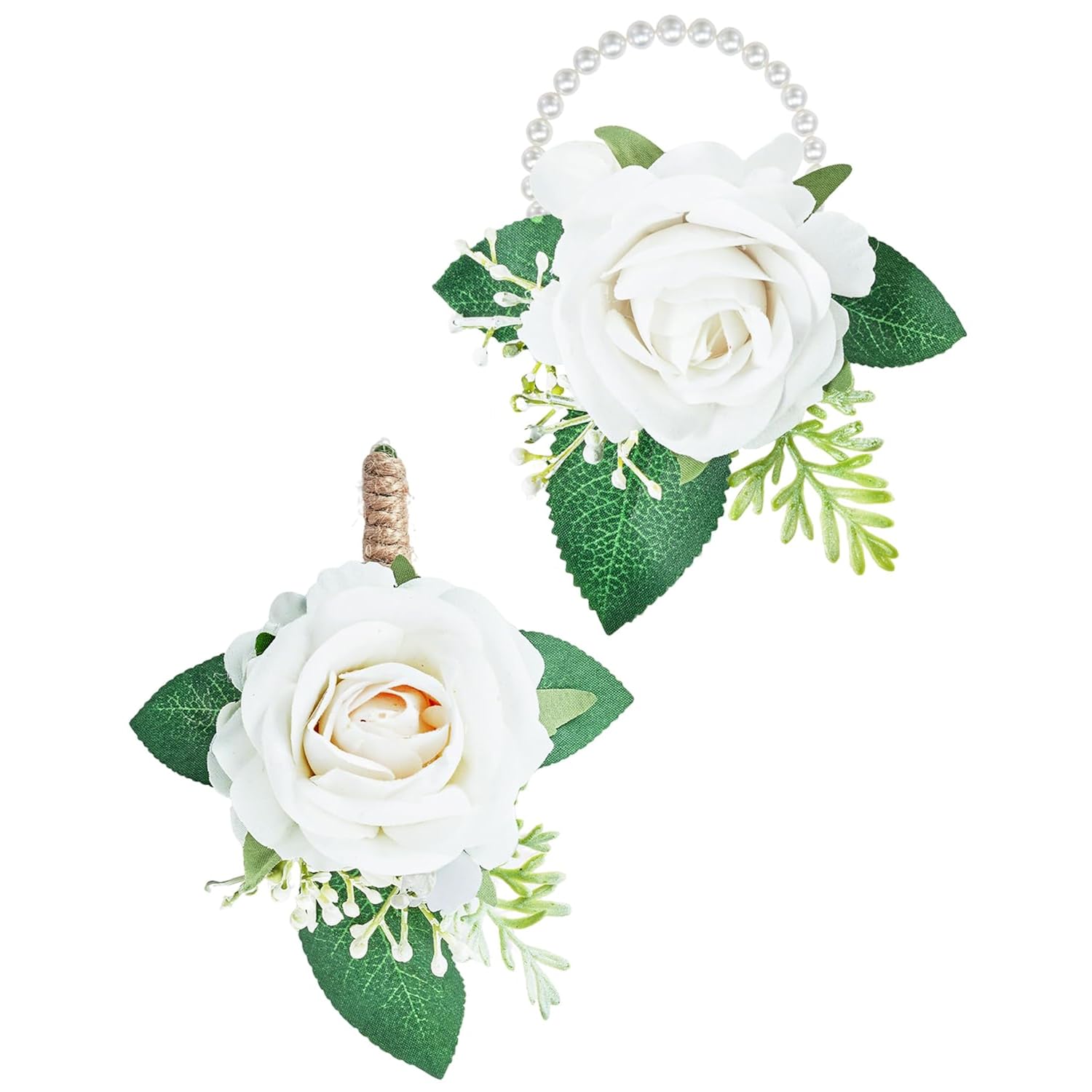 White Rose Wrist Corsage And Men Boutonniere, Artificial Rose Wrist Boutonnieres Flower For Wedding, Bride, Bridesmaids, Prom, Homecoming, Party