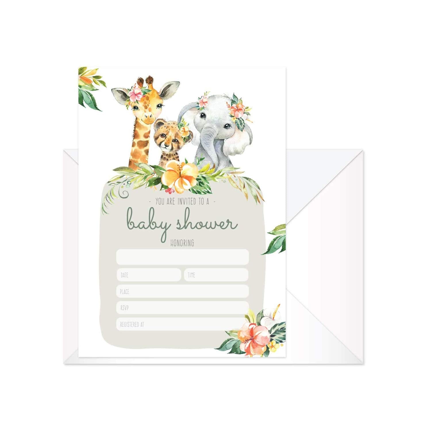 Boho Safari Animal Baby Shower Invites / 25 Welcome Baby Desert Animals Party Invitations / 5" X 7" Flat Floral New Baby Party Invitation Cards/Made In The Usa