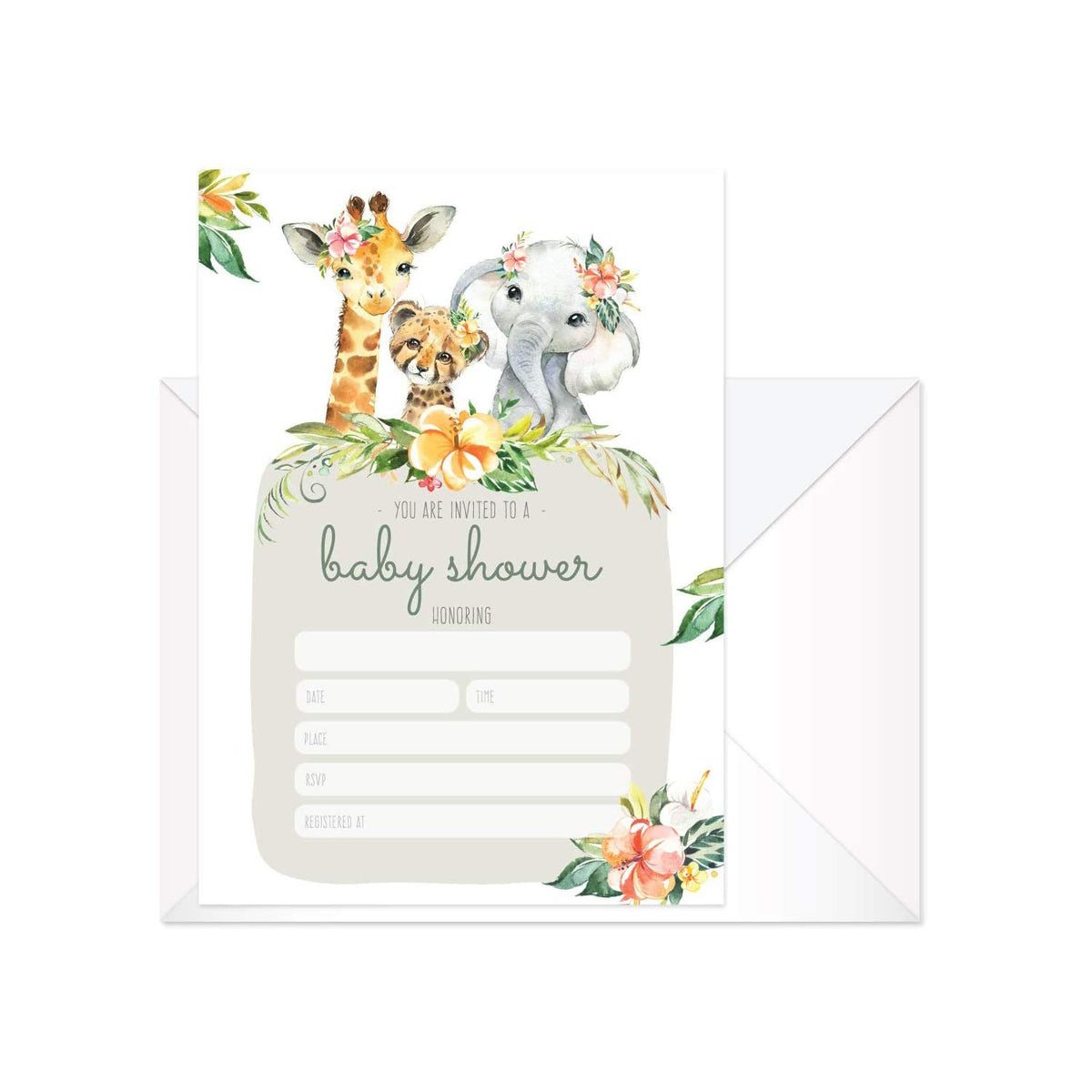 Boho Safari Animal Baby Shower Invites / 25 Welcome Baby Desert Animals Party Invitations / 5" X 7" Flat Floral New Baby Party Invitation Cards/Made In The Usa