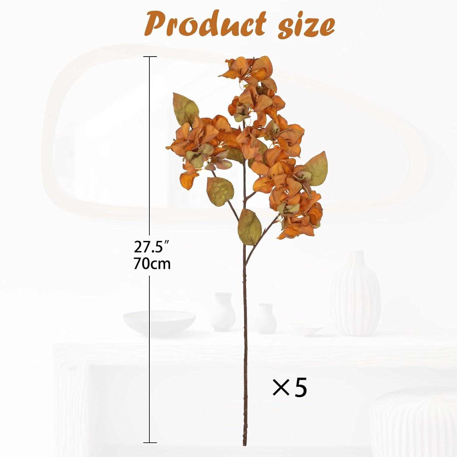 Bougainvillea Artificial Flowers 5 Pack 27.5" Fake Bougainvillea Floral Stems Realistic Silk Bougainvillea Arrangements For Home Weddings Parties Table Vase Centerpiece Decor(Orange)