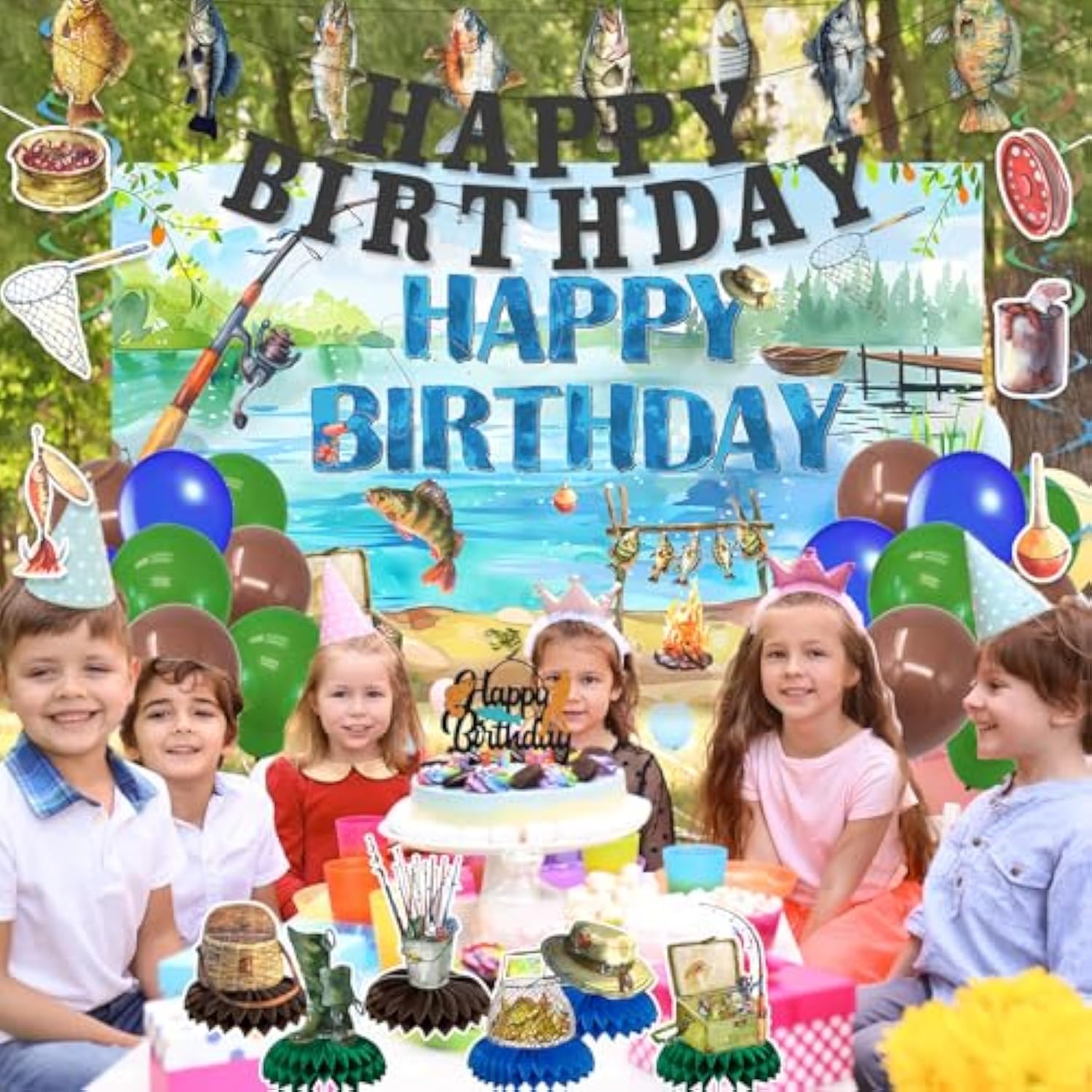 Fishing Birthday Decorations - 34Pcs Balloons, Banners, Centerpieces, Cake Topper Kit, Angler Party Decor