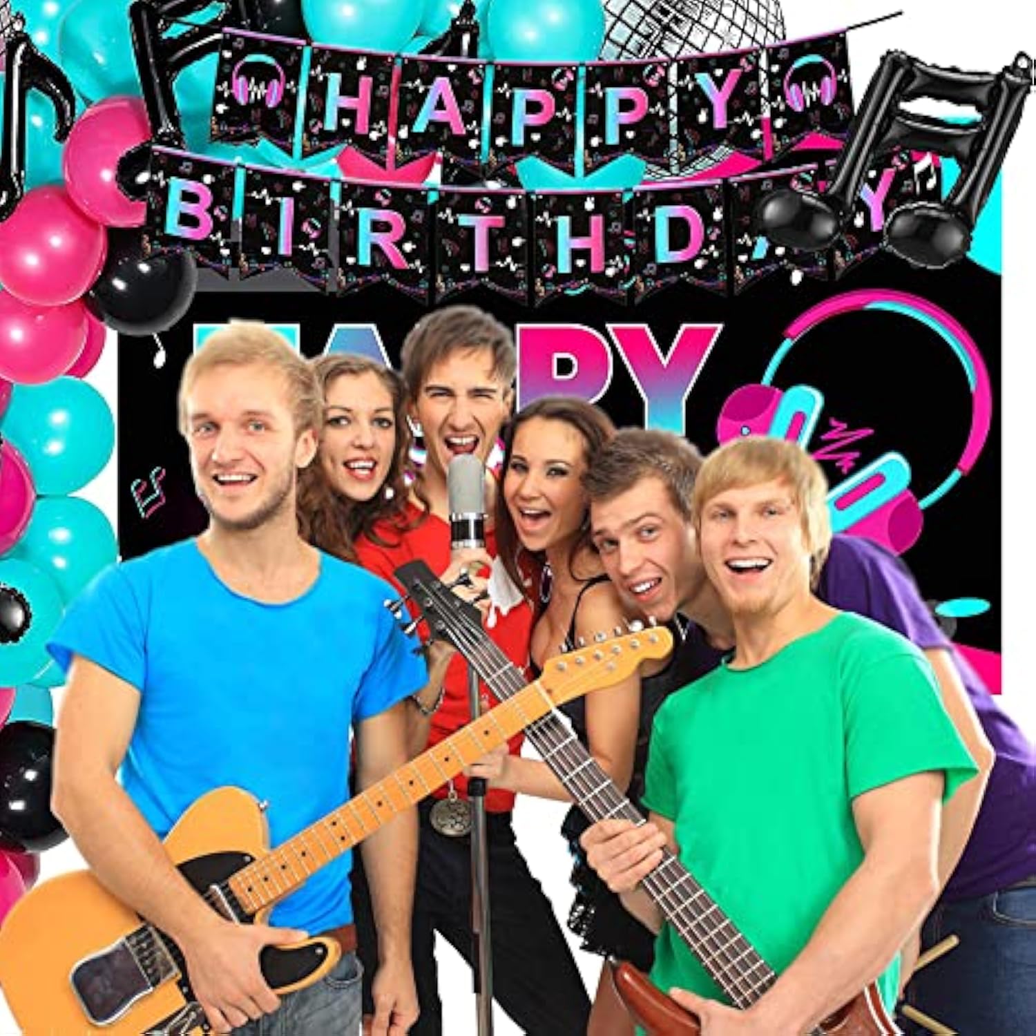 Music Party Supplies Kit – Disco Theme Decor with Balloons, Backdrop, Banners & Tableware Set