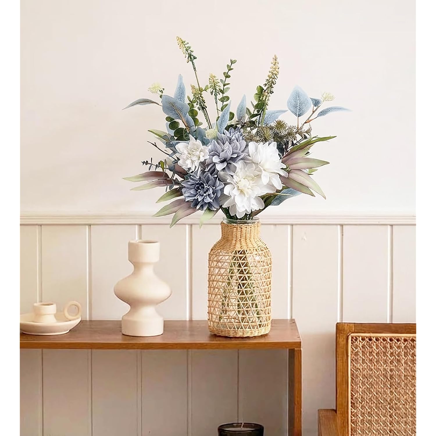 Artificial Flowers Bouquet, Silk Flowers Blue Fake Flowers Arrangement Faux Flowers For Home Decor, Vase Arrangement, Wedding Bouquets, Table Centerpieces Decor (Blue White No Vase)