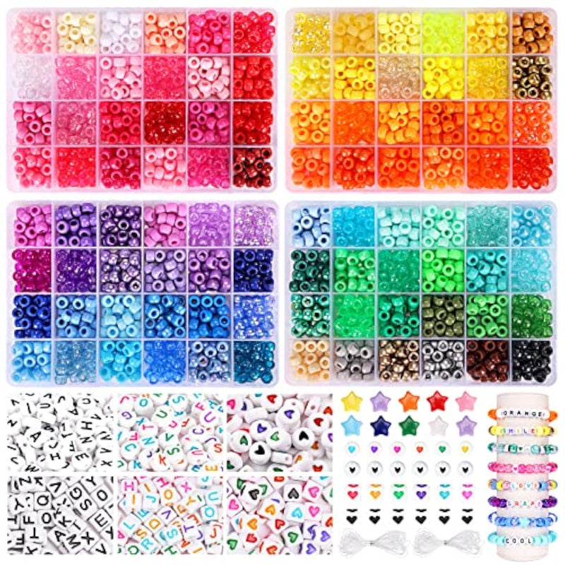 96 Colors 3000Pcs Pony Beads Bracelet Making Kit Friendship Bracelet Kit Rainbow Kandi Beads With Letter And Heart Beads Elastic Threads For Jewelry Necklace Making