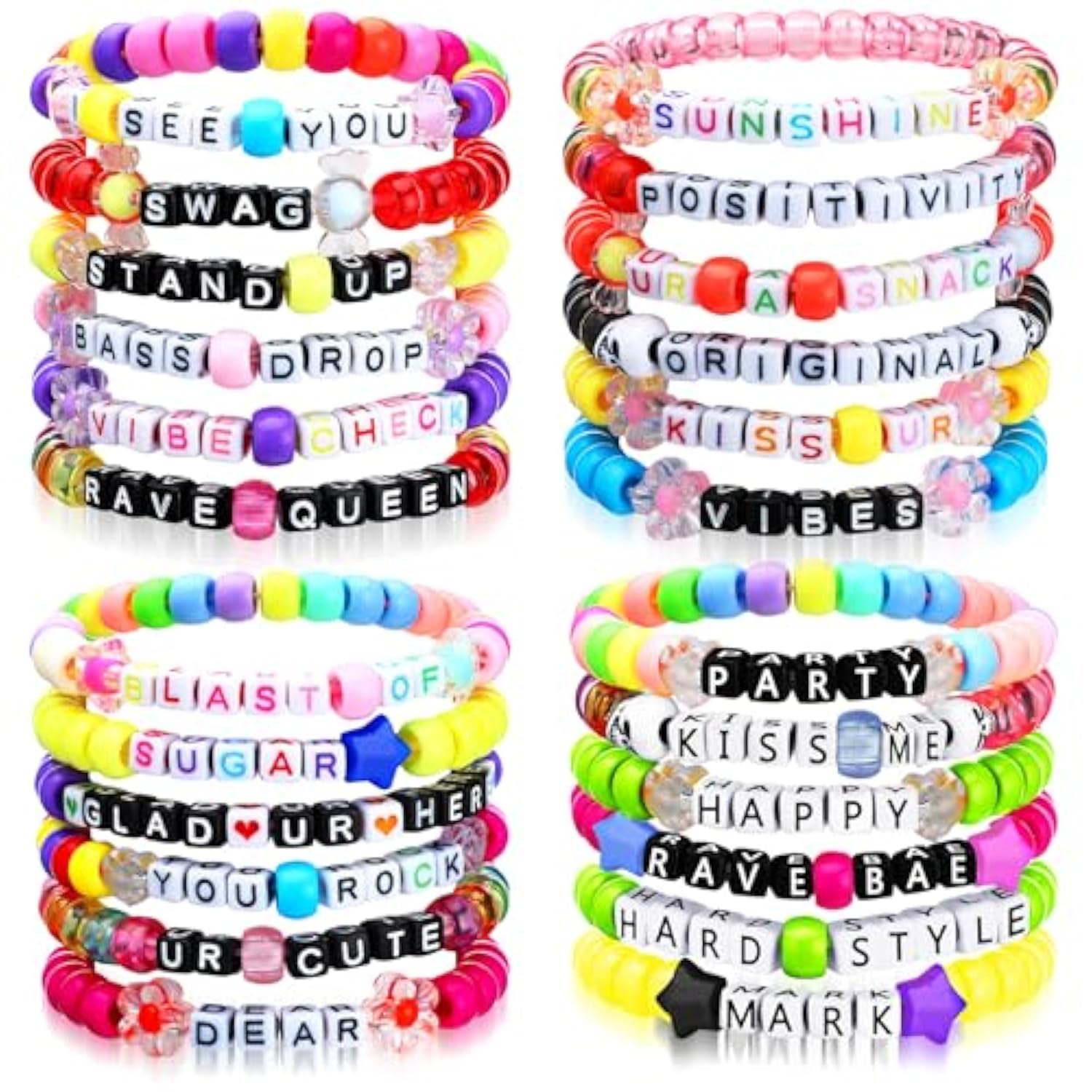 24 Pcs Music Party Bracelets Rave Kandi Bracelets Wear And Trade Handmade Party Trinkets Vibes Alphabet Plur Music Festival Accessories Different Phrases Every Time For Women Men