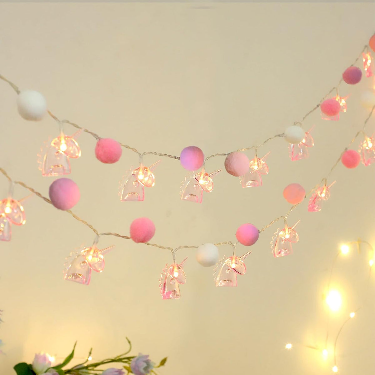 9.85Ft Room Decor String Lights With 20 Cute Pompoms 20 Pink Unicorn Led Lights Battery Operated With Timer For Girls Be