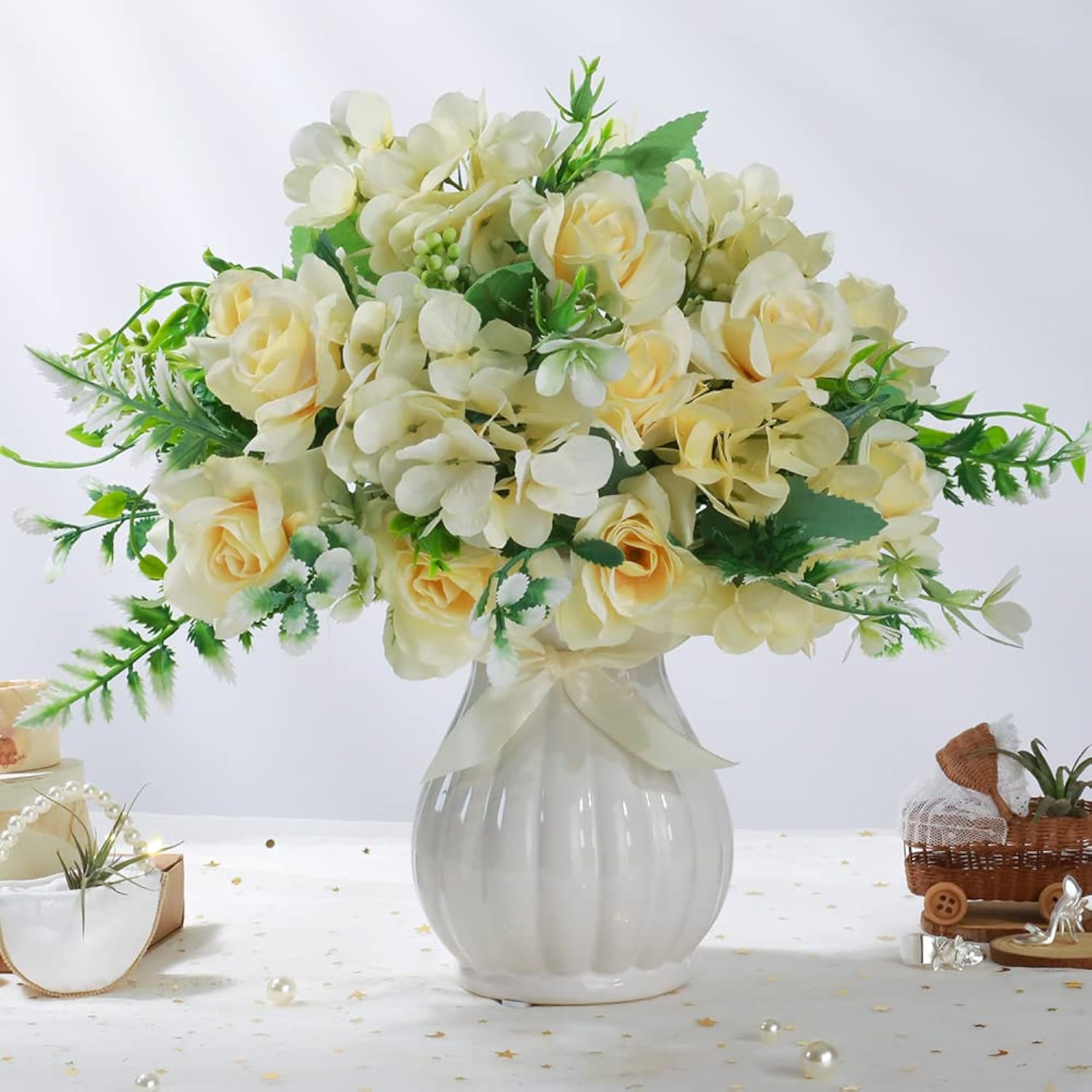 Artificial Rose Silk Hydrangea Flowers Bouquets With Vase Rustic Fake Flowers For Home Decoration Table Centerpiece (Champagne)