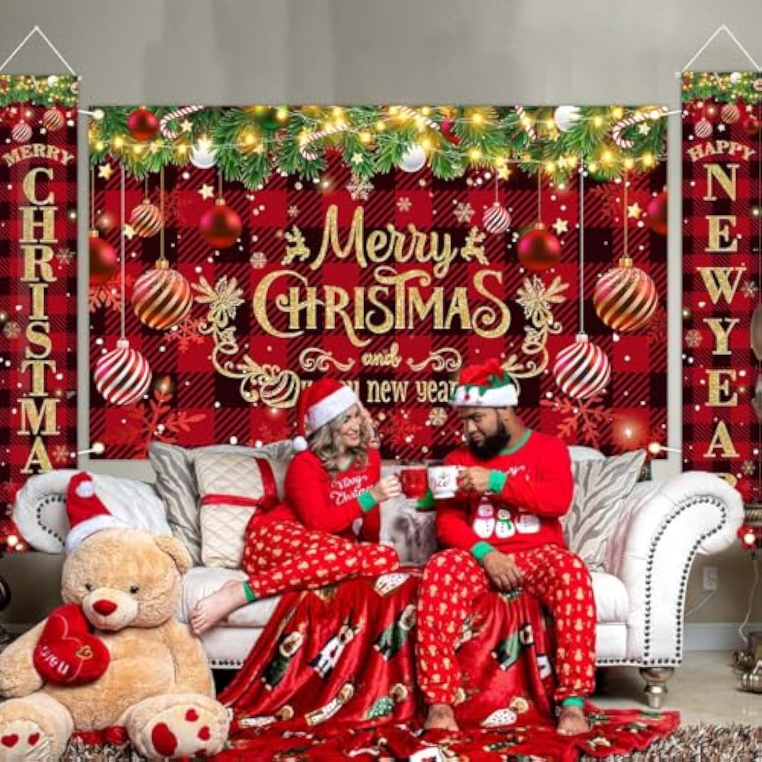 Christmas Decorations Red Black Buffalo Merry Christmas Banner 3Pcs Xmas Happy New Year Banners Holiday Party Decorations Indoor Outdoor