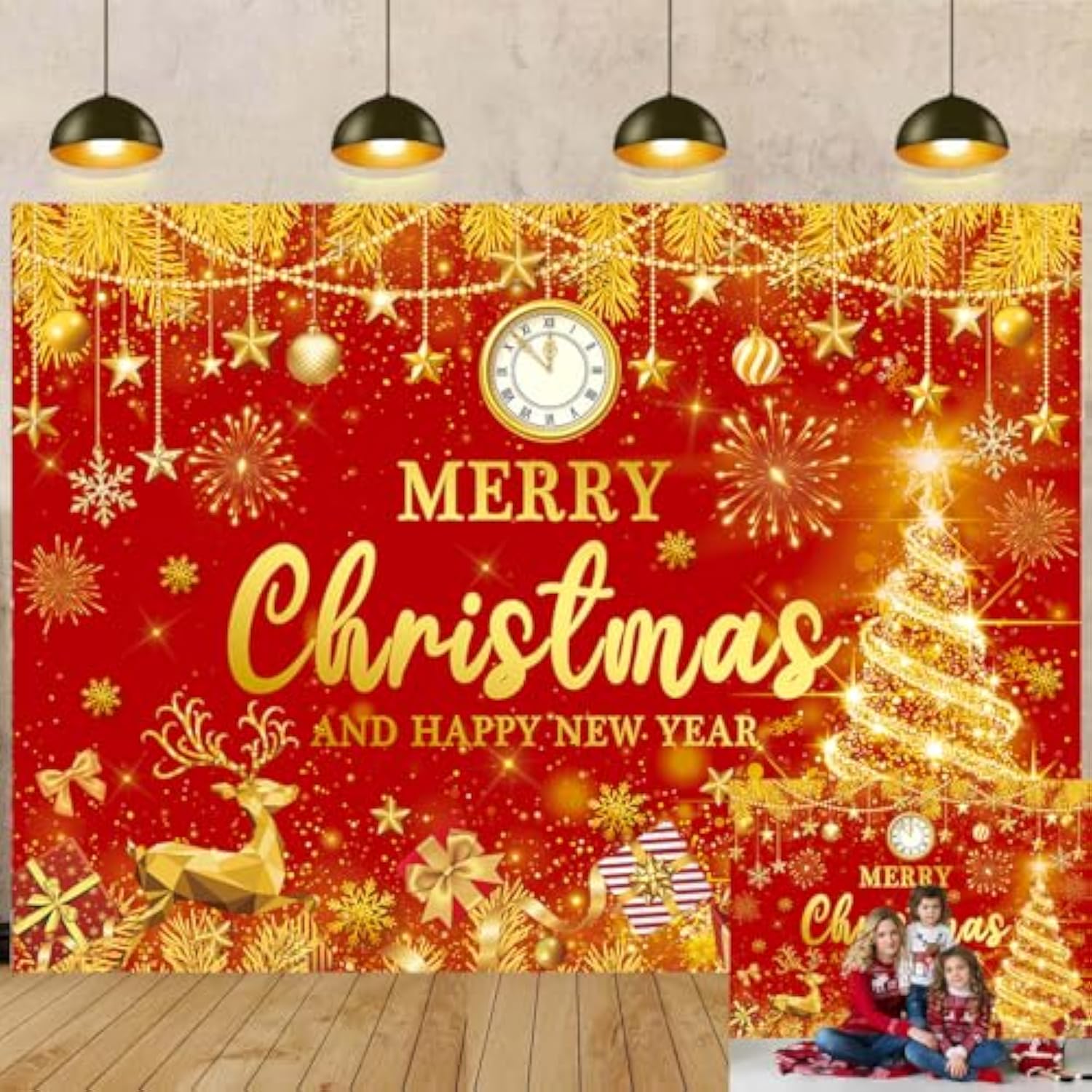 Merry Christmas Happy New Year Backdrop 8x6ft Red & Gold Party Banner