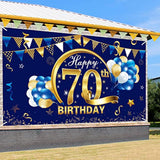 Blue Gold Happy 70th Birthday Banner Decorations & Backdrop Sign for Men's Party