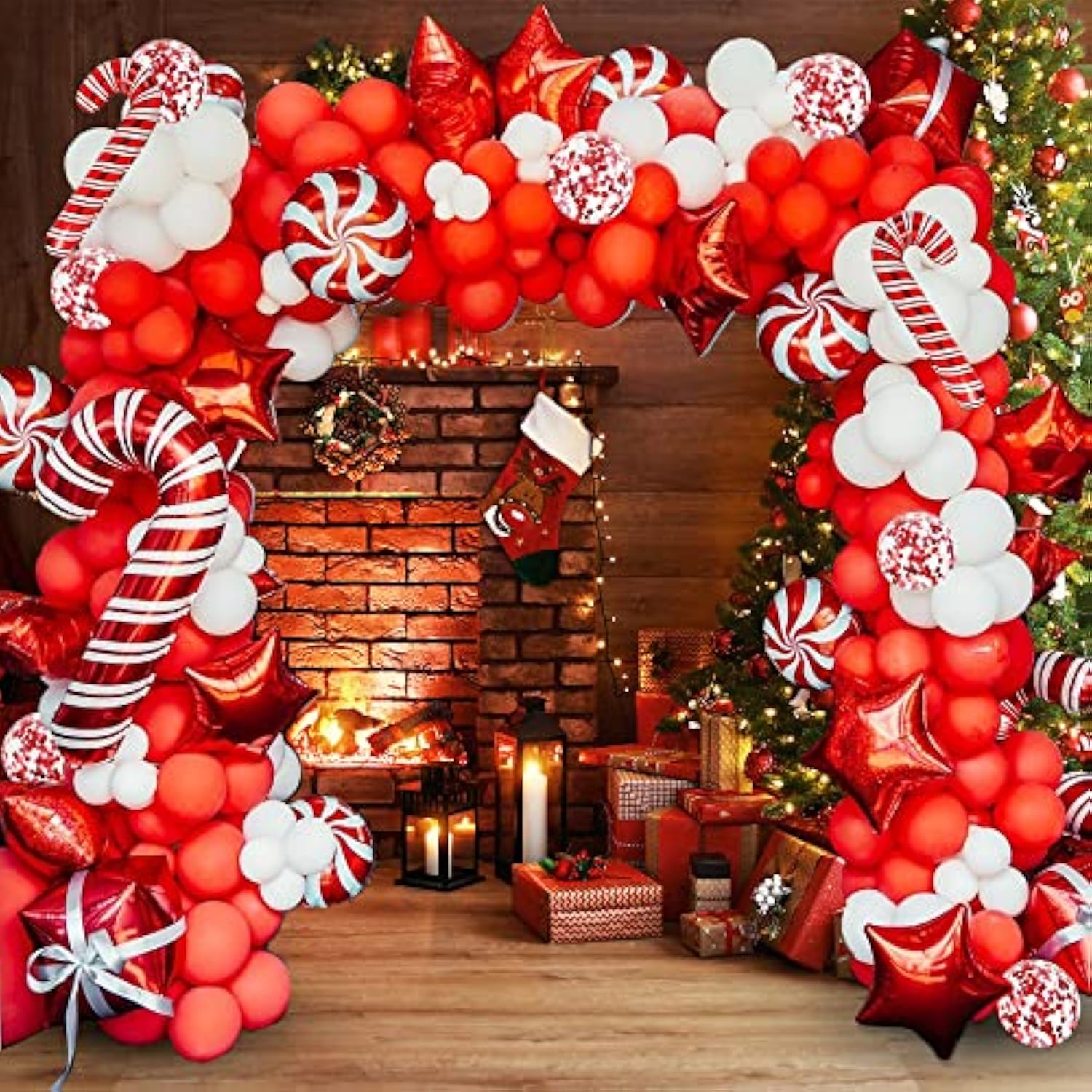 175Pcs Christmas Balloon Arch Kit - Includes Red, White, Candy Cane & Confetti Balloons, Tools Kit For Christmas Party Decorations