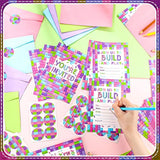 24 Set Girls Pink Birthday Party Invitations With Envelopes Bulk, Stacking Bricks Invite Card Set, Block Bricks Invitation Cards Sticker Labels For Girls Party Supplies Decoration