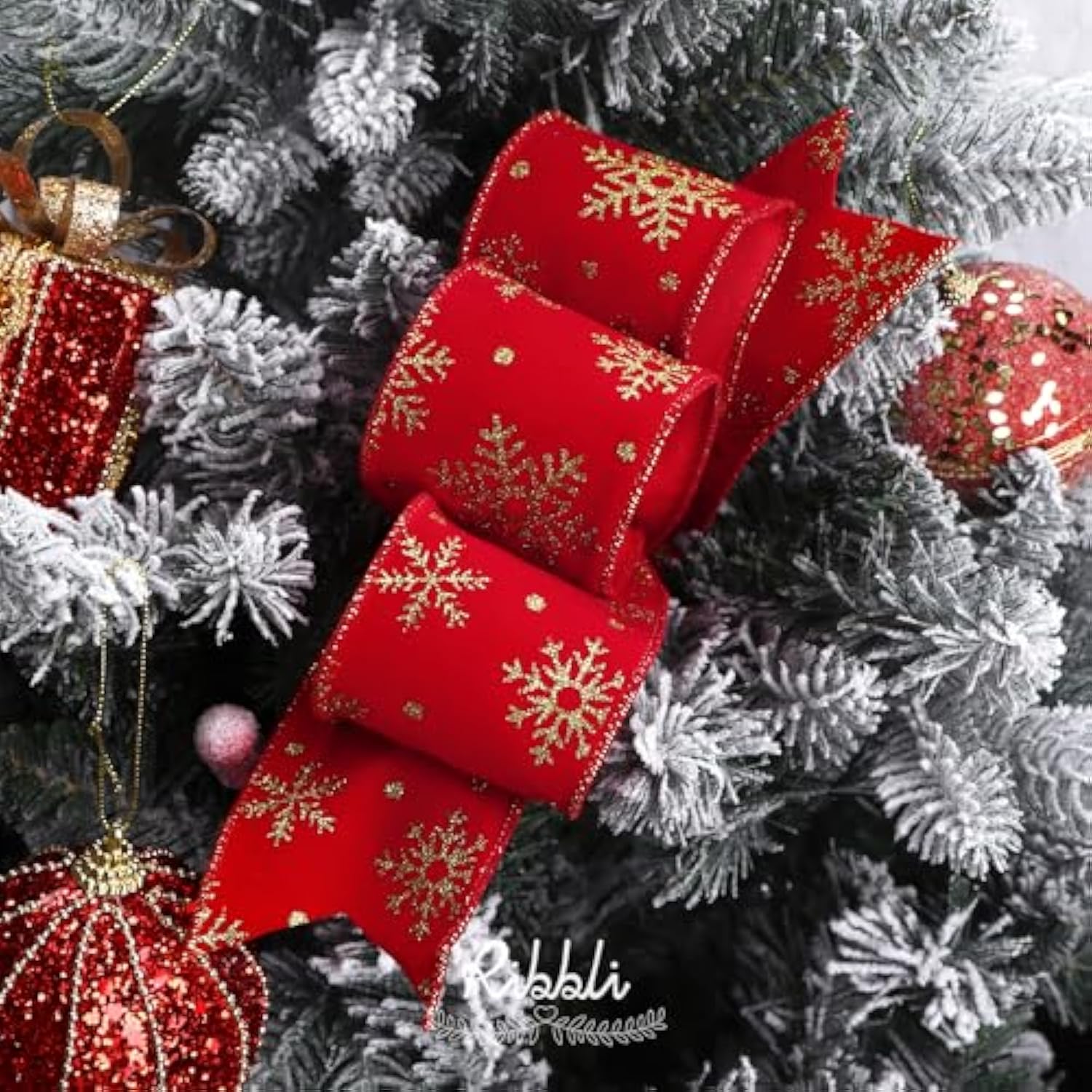 Red Velvet Wired Ribbon With Glitter Snowflake 2-1/2 Inch X Continuous 10 Yard Christmas Ribbon For Big Bow,Gift Wrapping,Wreath,Tree Decoration