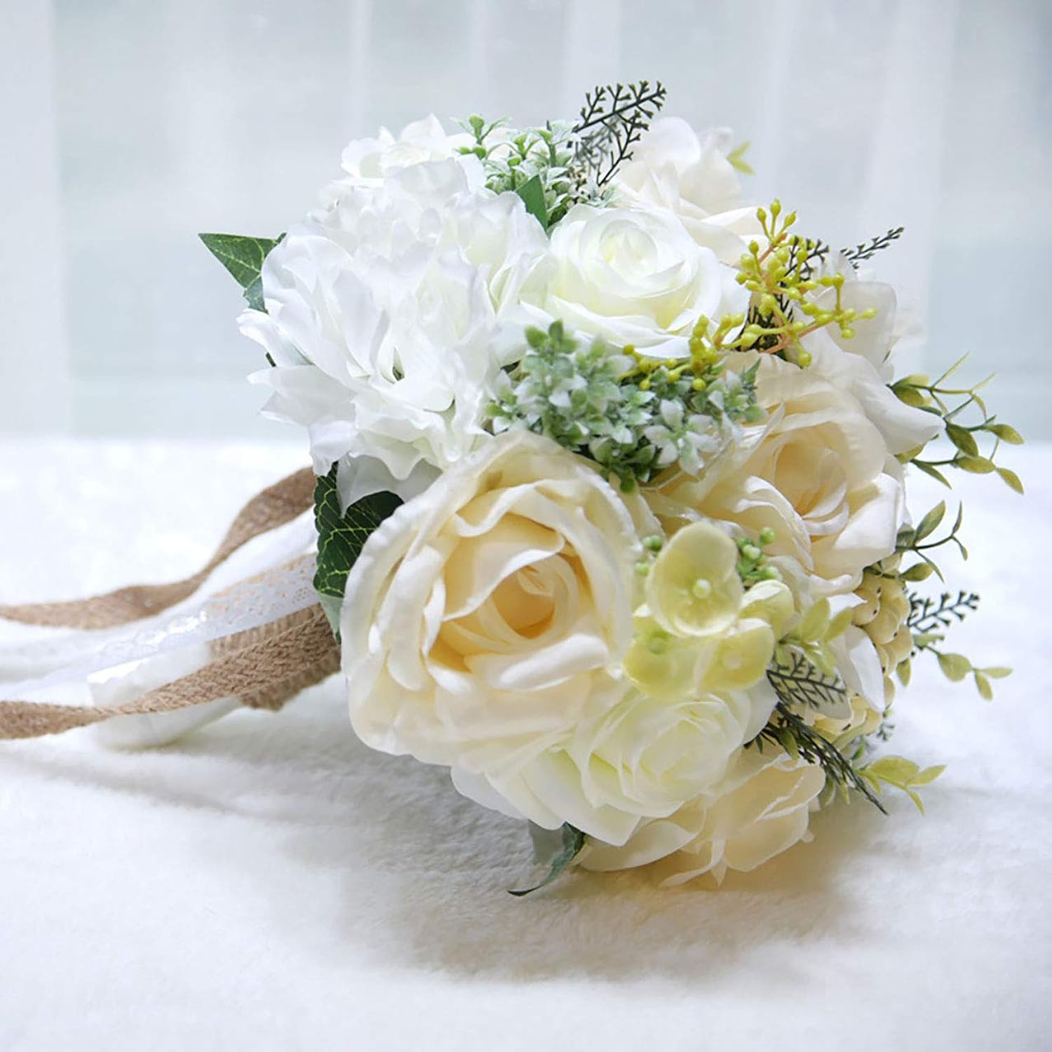 9.8" Bridal Holding Wedding Bouquet Real-Looking Mixed Flowers Ivory Greenery Bridal Throw Bouquet For Brides Bridesmaid Wedding Hold Flower, Ivory