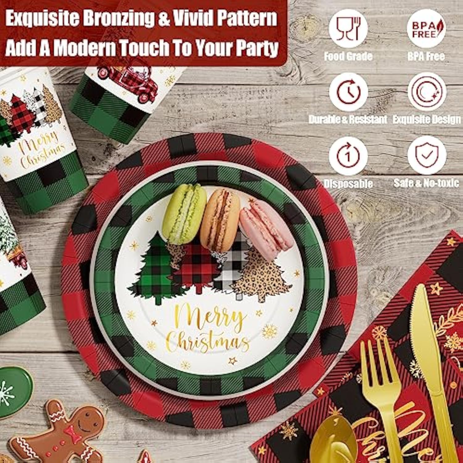 Christmas Party Decorations Supplies - 350 Pcs Merry Christmas Birthday Buffalo Plaid Disposable Dinnerware Set(50 Guest) With Xmas Paper Plates Napkins Cups Plastic Fork Knive Spoon For Holiday Decor