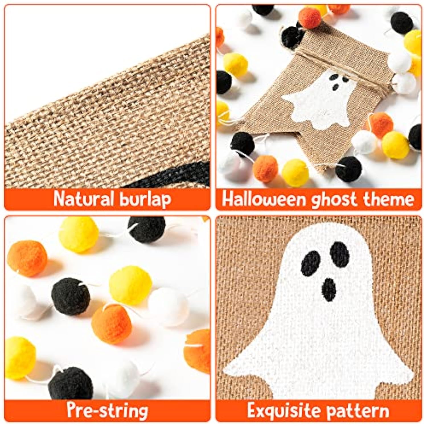 Halloween Boo Burlap Banner: Ghost & Felt Ball Garland - 2pcs