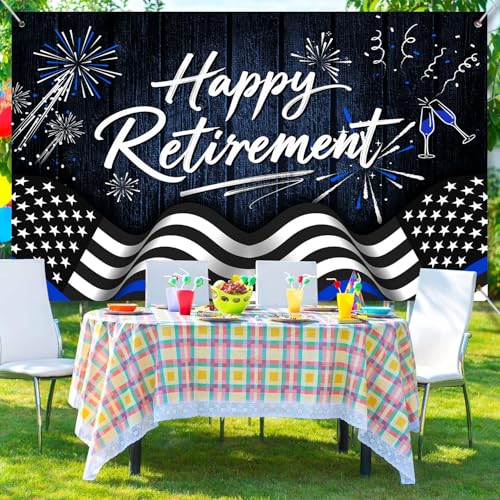 Happy Retirement Backdrop Navy Blue Police Flag Photography Background Going Away Party Black and Blue Police Theme Decoration Banner Portrait Photo Booth Studio Props 7x5ft FU07YL