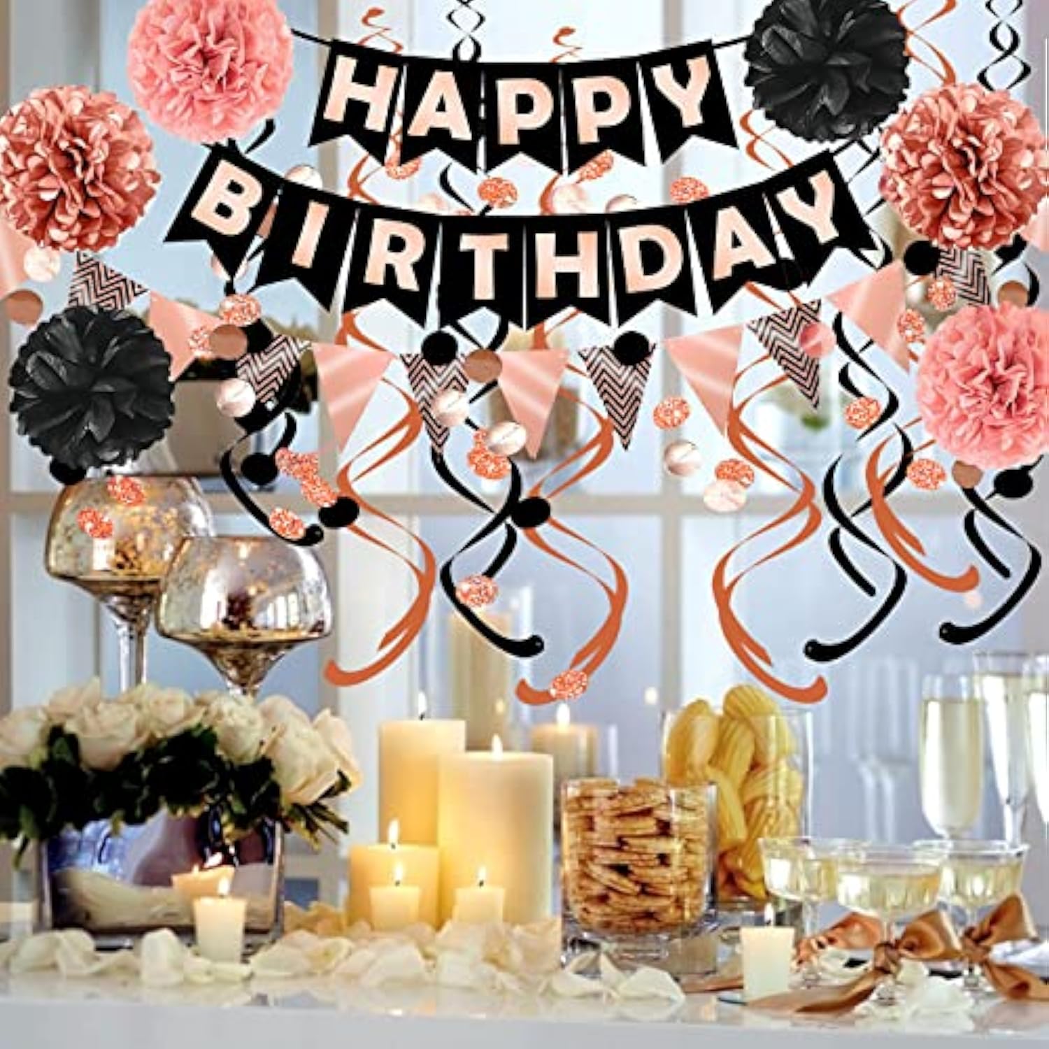 Rose Gold Black Theme Happy Birthday Banner Flag Bunting Paper Circle Confetti Garland Swirl Streamers Honeycomb Ball For Birthday Party Decoration