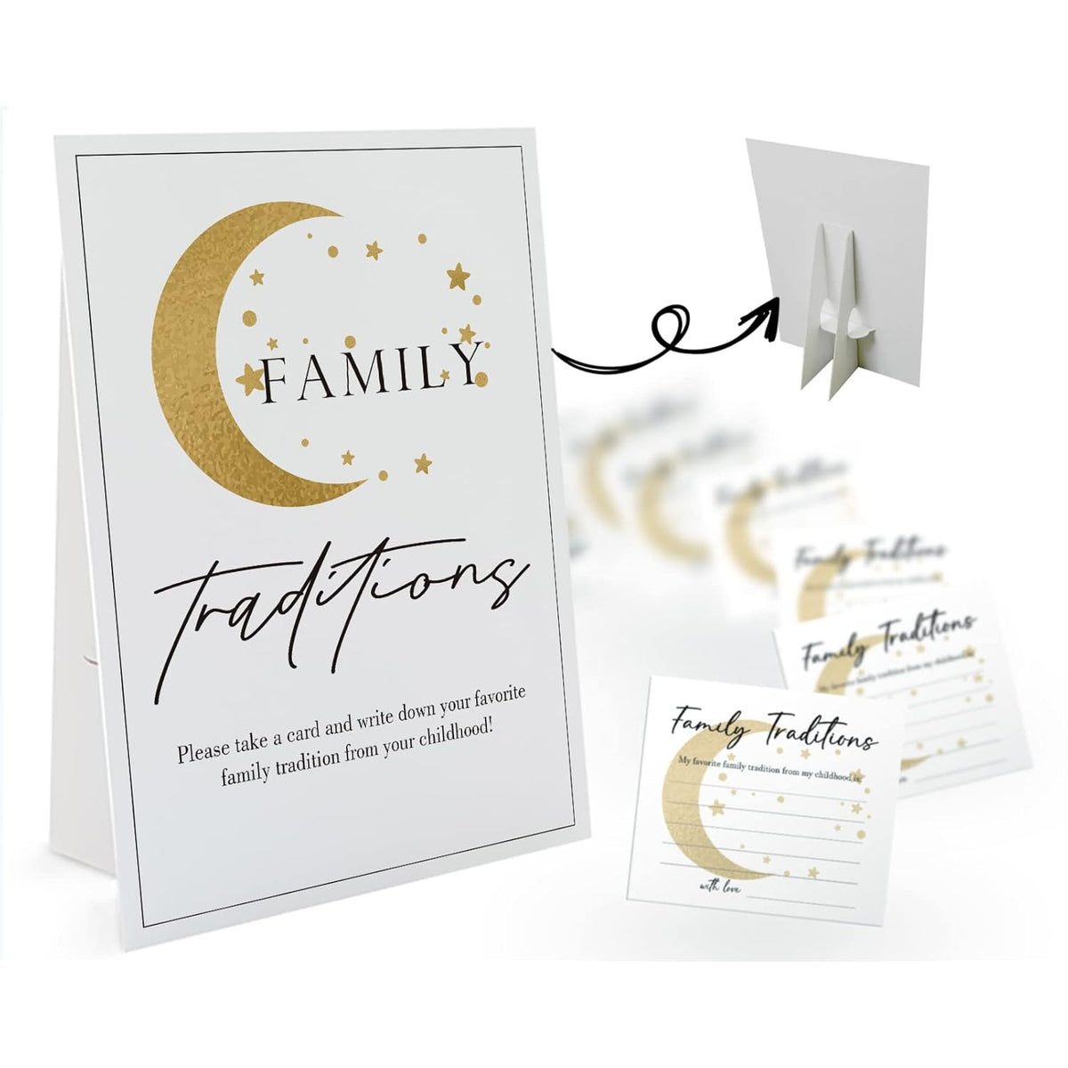 Golden Moon Theme Favorite Family Traditions Baby Shower Games Set(1 Sign And 20 Cards), Games For Baby Shower, Wedding Shower Bridal Shower, Game Night, Gender Reveal Party, Family Day Decorations 06