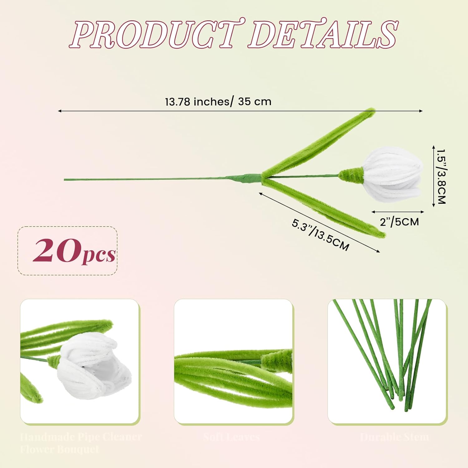 20 Pcs Artificial White Tulip Flowers 13.8" Valentines Bouquet Completed Pipe Cleaners Chenille Knitted Flowers Fake Tulip For Valentines Wedding Mother'S Day Gift Birthday Home Decor