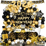 2026 Black Gold New Year Party Kit with Balloon Garland, Banner, Foil Balloons, and Toppers