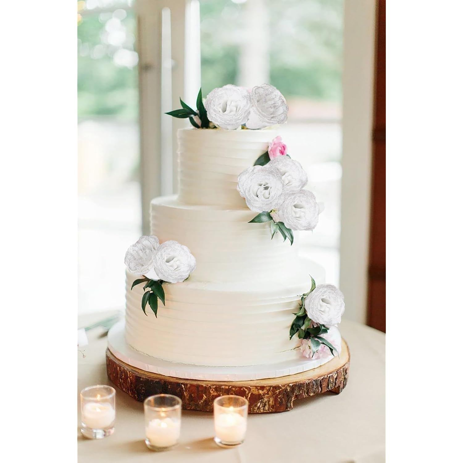Artificial Roses,30Pcs White Roses Glitter Roses Artificial Flowers For Crafts Wedding Bouquet Home Decoration(White With Silver Glitter)