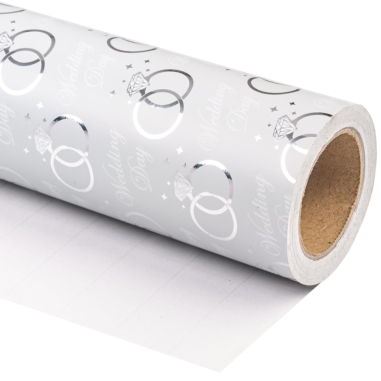 Wedding Wrapping Paper Roll - Mini Roll - 17 Inch X 9.8 Feet - Silver Foil Diamond Ring And Wedding Day Design Perfect For Marriage Ceremony, Nuptials, Celebration, Party