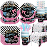 Burnouts Or Bows Gender Reveal Decorations Tableware, Boy Or Girl Gender Reveal Party Supplies, Plate, Cup, Napkin, Cutlery, Tablecloth, Race Car Vs Bows Baby Shower Decorations, Serves 24