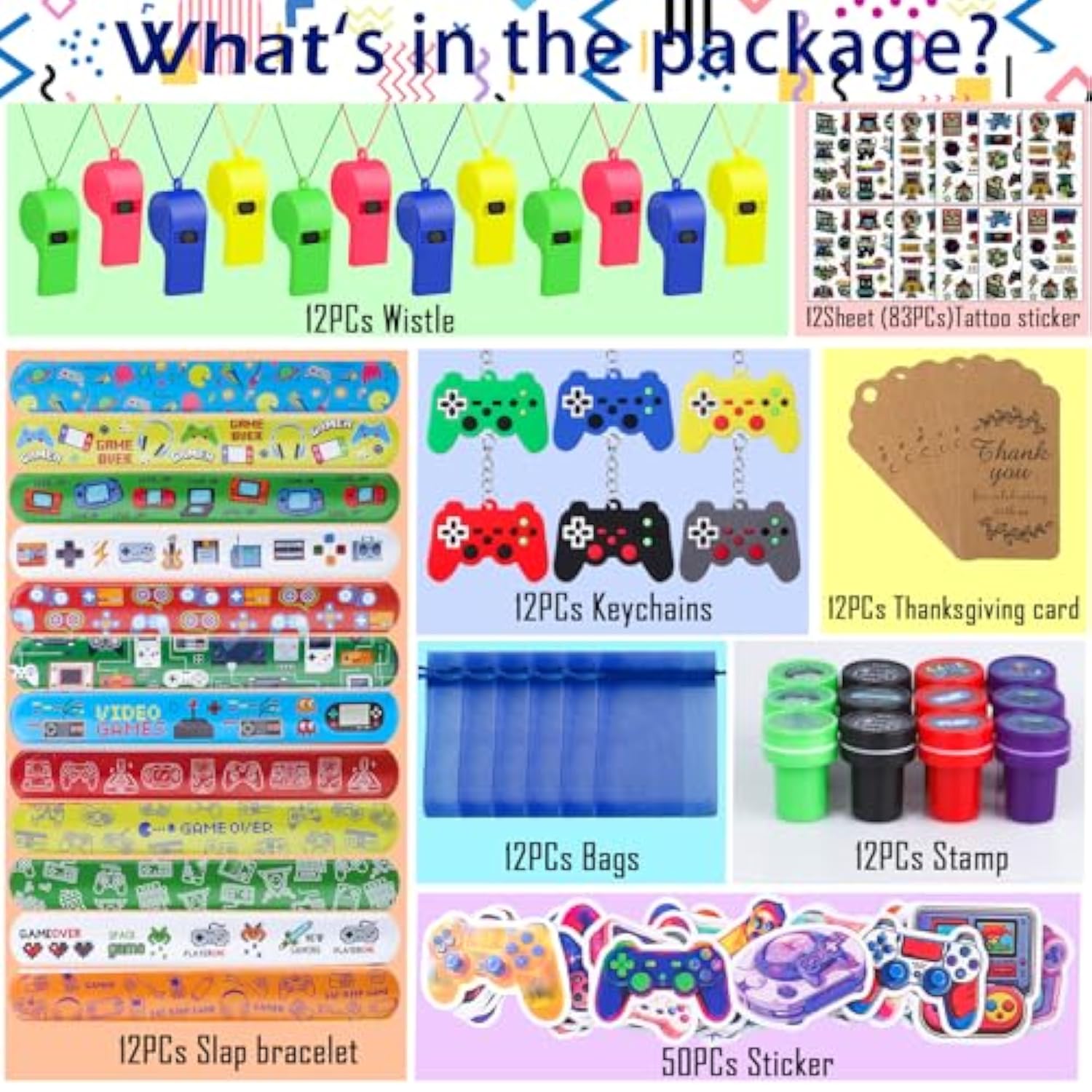 134 Pcs Video Game Party Favors, Includes Video Game Slap Bracelet Keychain Stamper Whistle Mesh Bag Card Stickers Tattoos For Kids Gaming Party Favors Birthday Goodie Bag Fillers