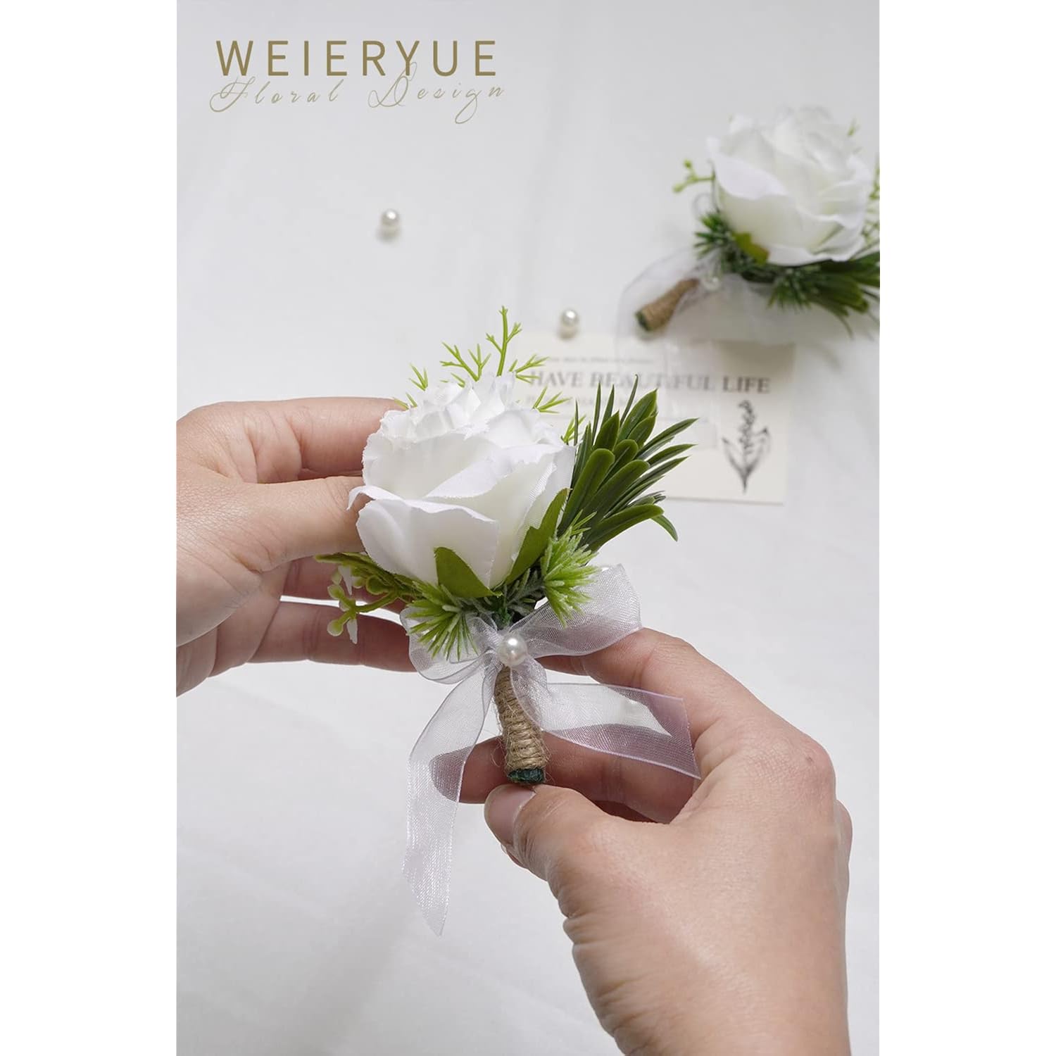 Artificial Flowers White Rose Wrist Flowers And Men'S Corsage Wedding Flowers Ceremony (4Pcs White Corsages)