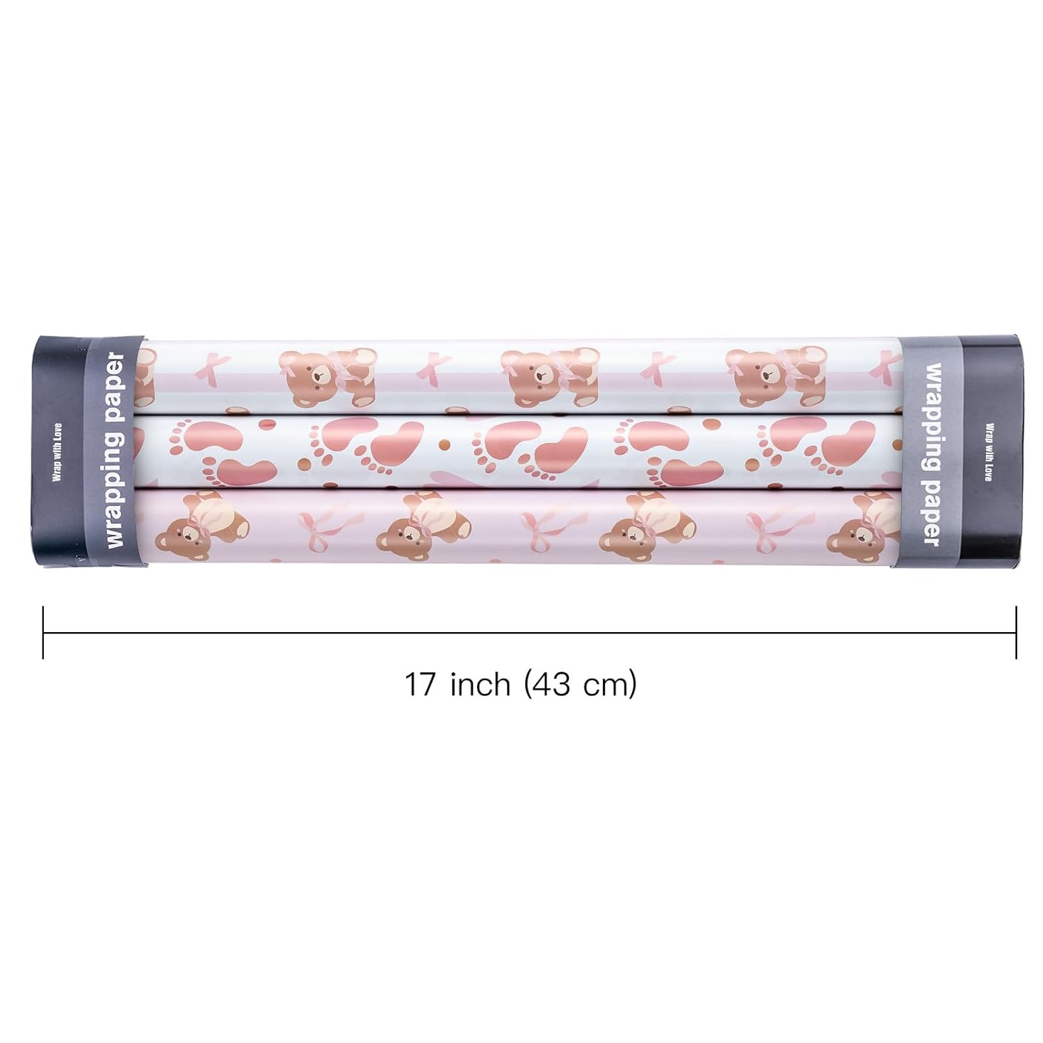 Bear Baby Shower Wrapping Paper - Mini Roll - 3 Rolls - 17 Inch X 120 Inch - Coquette Teddy Bear With Pink Ribbon Bow Wrapping Paper For Baby Shower, Girls Birthday