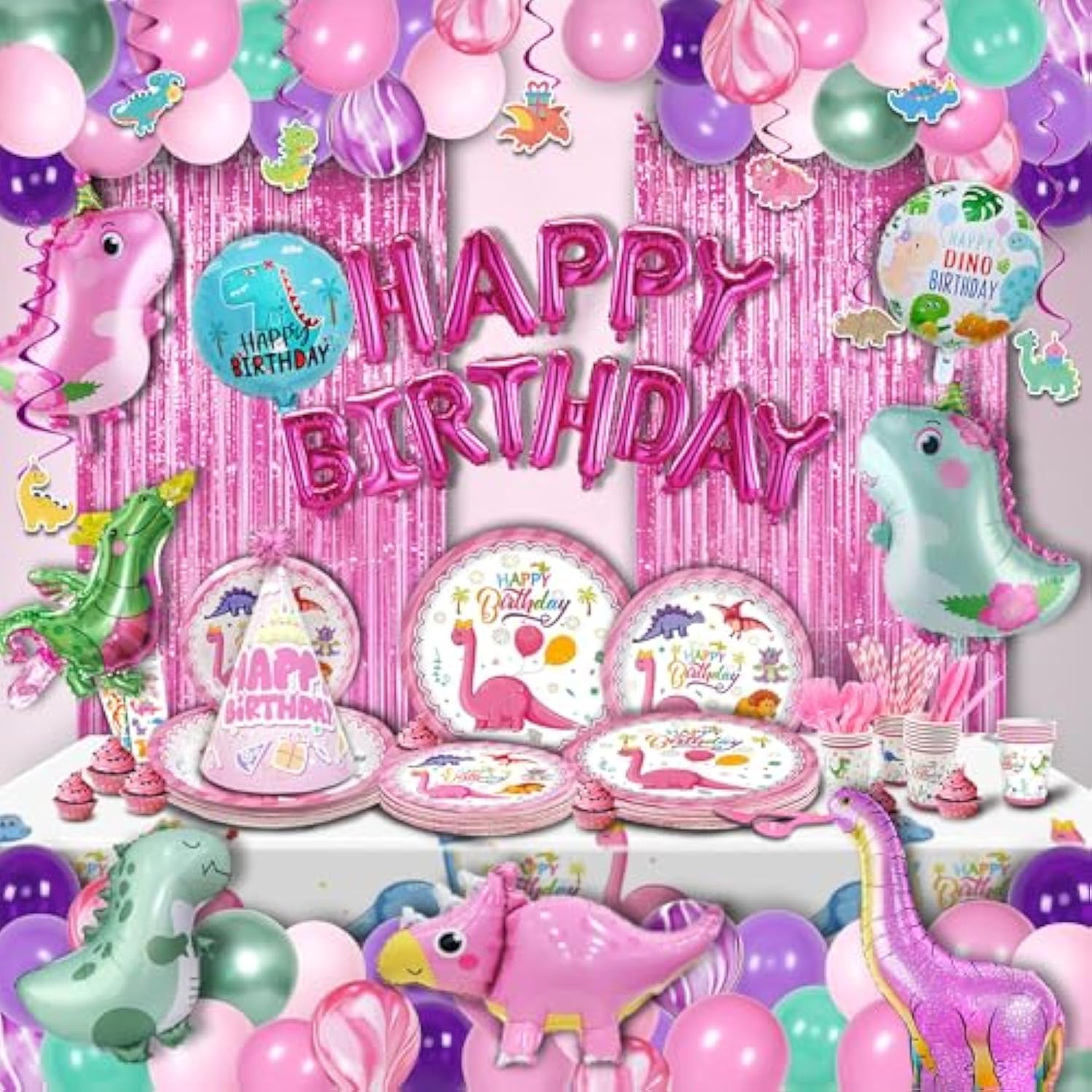 150-Pc Pink Dinosaur Party Set for Girls – Supplies for 12 with Balloons, Tableware & Decor