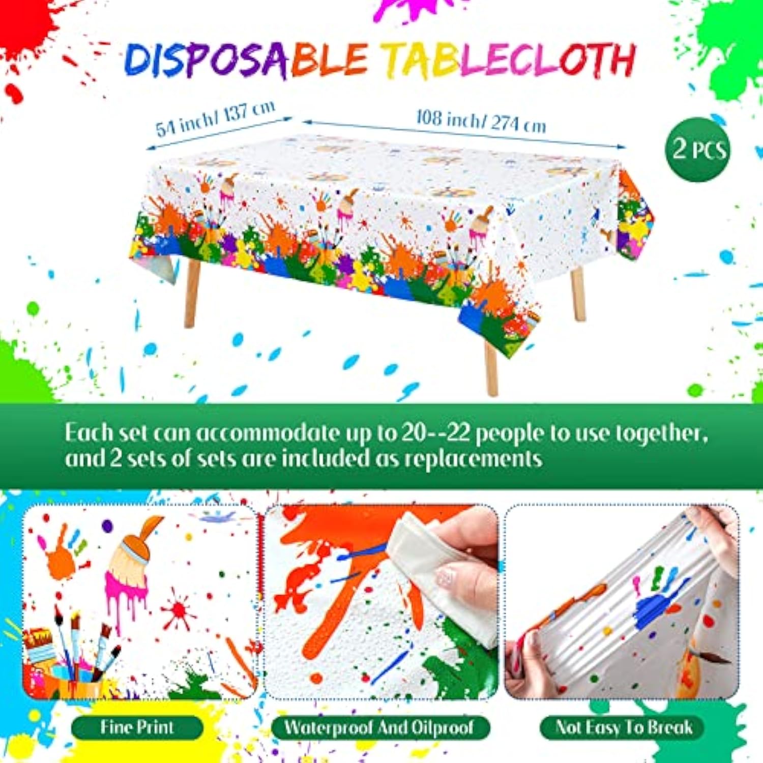 Art Party Supplies for 24 – Paint-Themed Plates, Cups, Napkins, Tablecloth (122pcs)