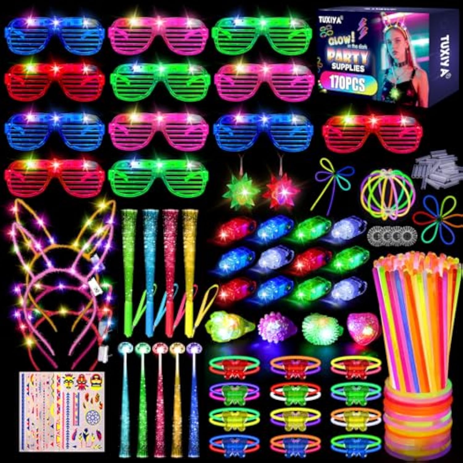170pcs Glow in the Dark Party Supplies LED Sticks Glasses Rings Necklaces