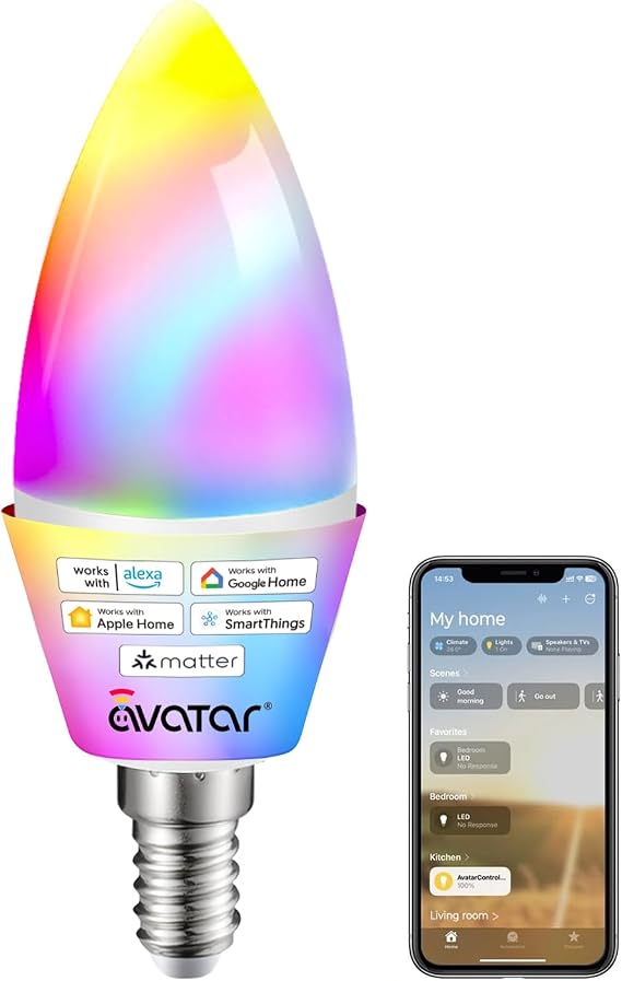 Matter E12 Smart LED Bulb RGBCW WiFi Candelabra Base Color Changing 1 Pack