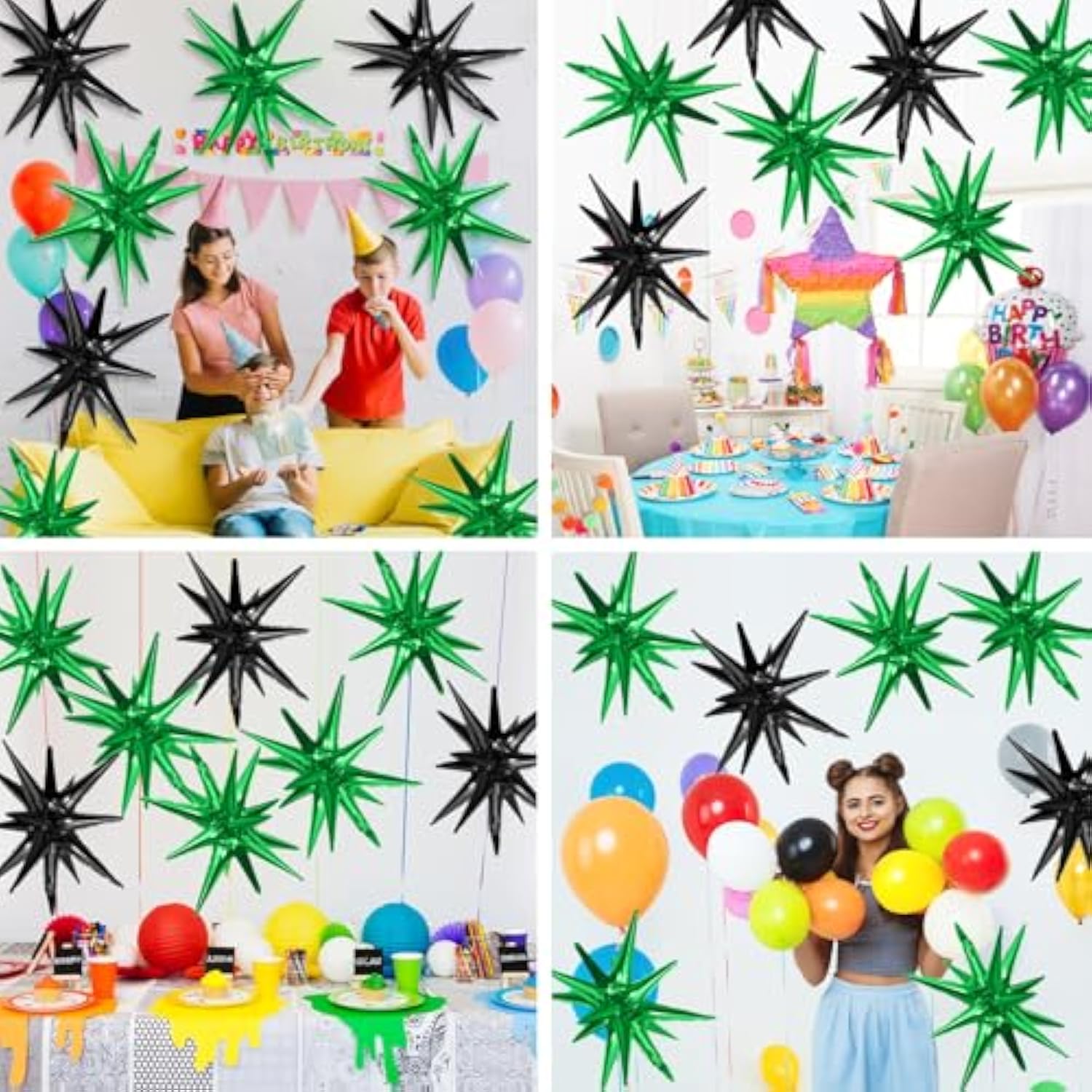 9Pcs Black & Green Star Balloons 22" Foil Spike Cone for Party Decor