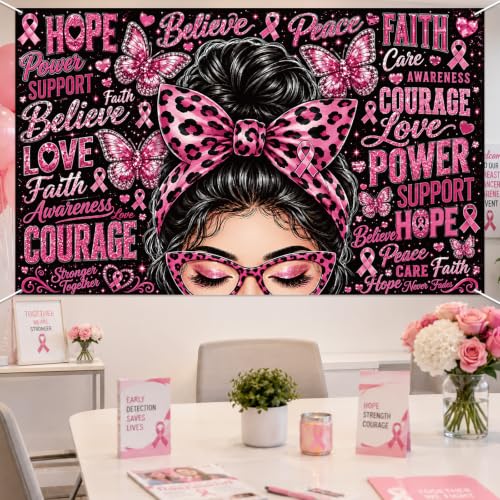 Breast Cancer Awareness Backdrop Banner, Pink Ribbon Faith Hope Love Butterfly Design, Awareness Month Party Decorations for Charity Event Photo Background Home Office, 70.9 x 43.3 Inch