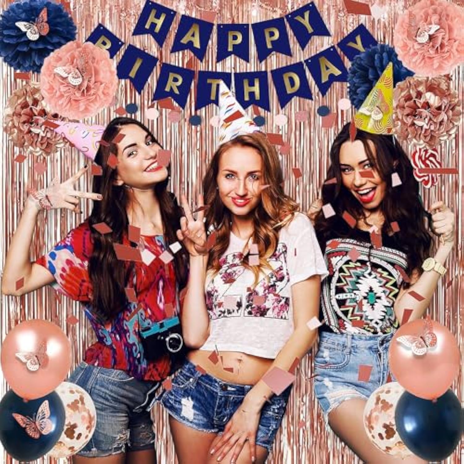 Rose Gold And Navy Blue Birthday Party Decorations With Happy Birthday Banner, Curtains, Butterfly Wall, Circle Dots Garland, Tissue Pompoms, Paper Tassels For Her